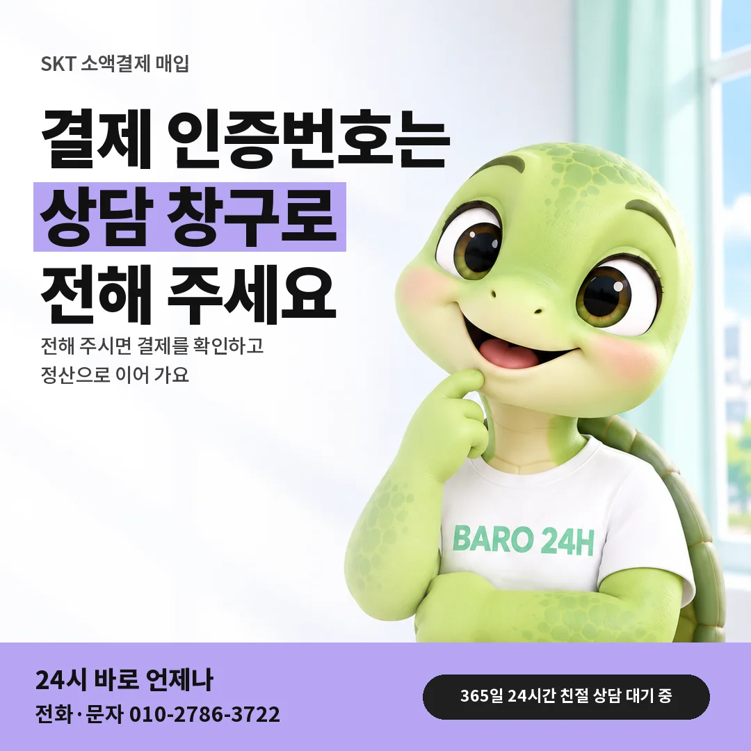 BARO 24H 티셔츠를 입은 3D 거북이 캐릭터 옆에 「SKT 인증번호 전하는 때」 제목을 얹은 안내 카드
